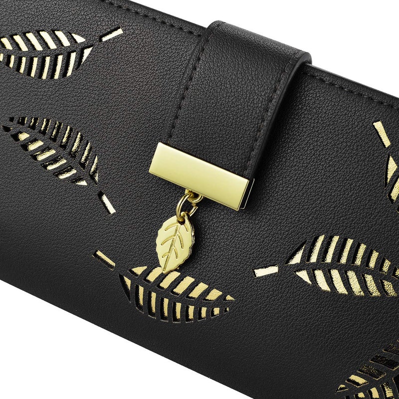 PGXT Women's Wallet Women Credit Card Holder Hollow Leaf Pattern Bifold Leather Lady Long Wallet Purse Zip Birthday Xmas Gifts for Women Girls(Black) - Image 4